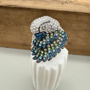 PJM Silver Tone Rhinestone Bird Statement Ring Blue Green Clear Size 7.75